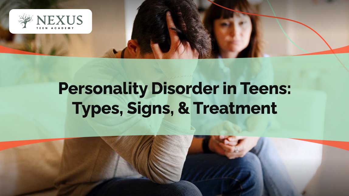 A distressed teenage boy holding his head in his hands, with a concerned adult sitting next to him offering support.