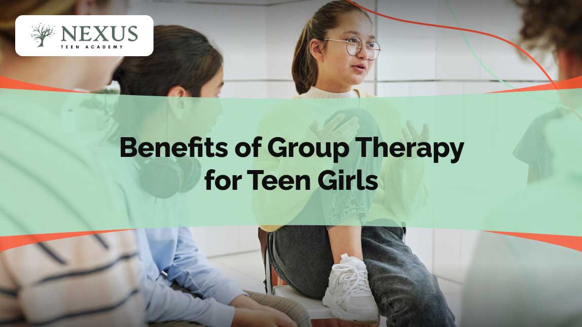Teen girls engaged in a supportive group therapy session, discussing personal growth and emotional challenges, highlighting the benefits of shared experiences and guidance.