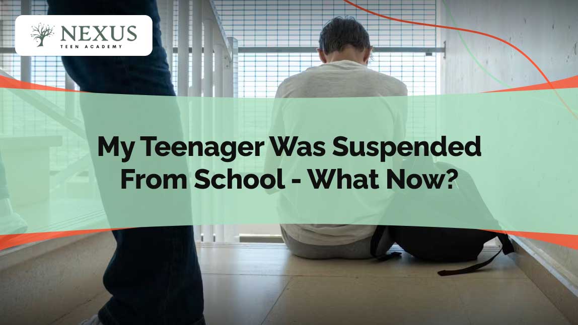 A teenager sitting on stairs with a backpack, symbolizing the challenges and emotions faced after a school suspension, paired with guidance for parents on navigating this situation.
