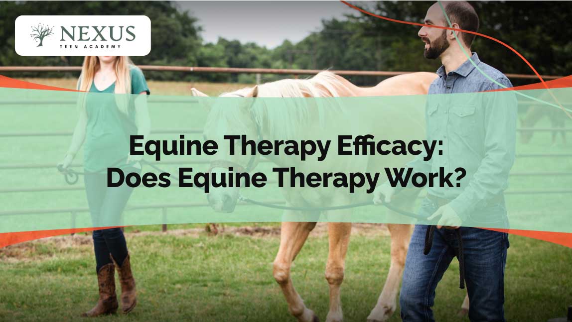 A man and a woman guide a horse in an outdoor therapy session, illustrating the principles of equine therapy. The blog explores the efficacy of equine therapy and whether it truly works.