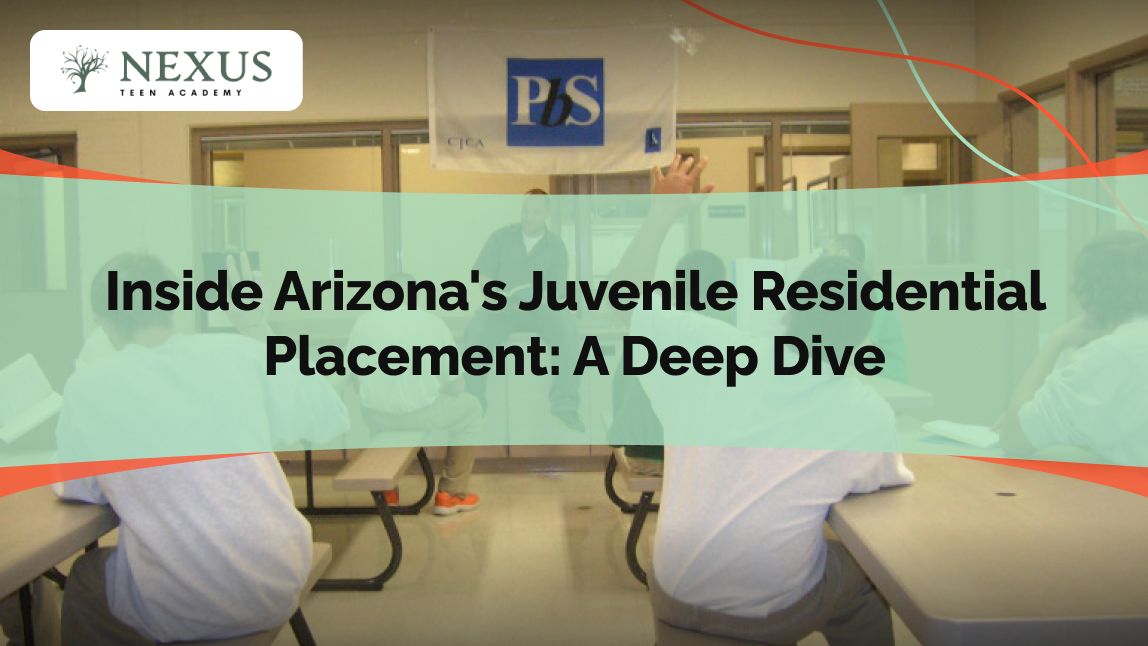 Image of a juvenile residential facility in Arizona showing a group of young individuals in a classroom-like setting with a staff member present. Text overlay: 'Inside Arizona's Juvenile Residential Placement: A Deep Dive.