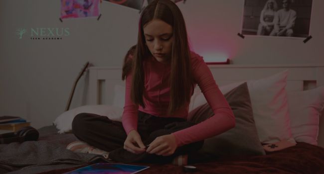 A teenage girl sitting on her bed in a dimly lit room, focused on a tablet, representing signs to look for when teens in Arizona begin isolating themselves by locking themselves in their rooms.