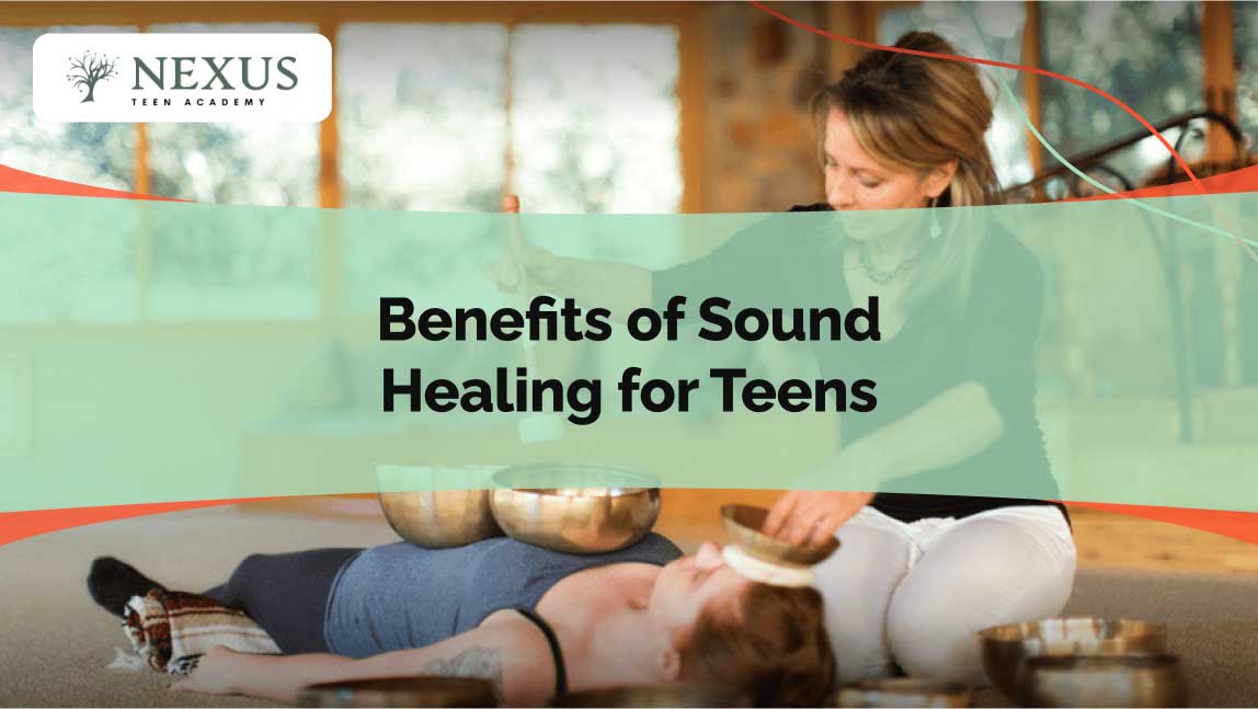 Teen experiencing sound healing therapy, lying on a mat while a therapist uses Tibetan singing bowls, promoting relaxation and emotional well-being.