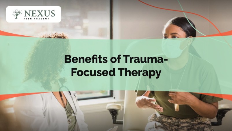 Image of a trauma-focused therapy session at Nexus Teen Academy, showing a therapist discussing the benefits of therapy with a teen, focused on healing from trauma in a supportive environment.