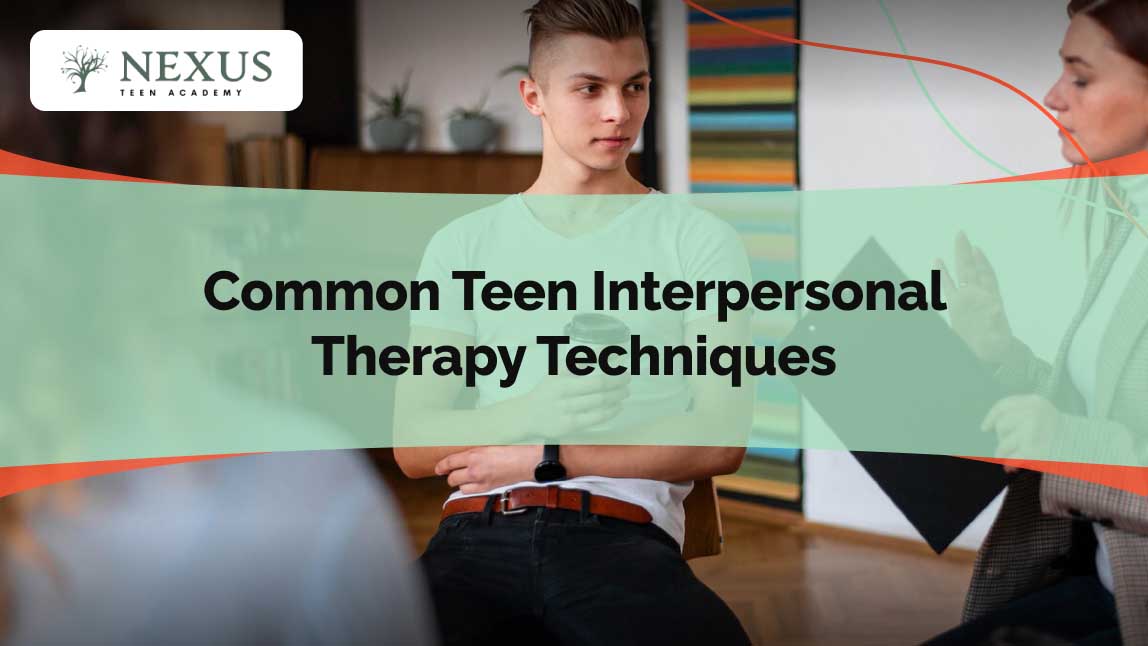 Teen boy in a therapy session, engaging in interpersonal therapy techniques to improve communication skills, emotional expression, and relationship-building