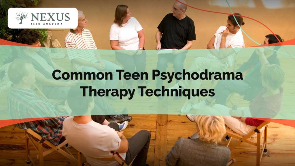 Teens and a therapist engage in a psychodrama therapy session, using role-playing and guided interaction to explore emotions and improve mental well-being.