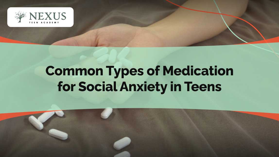 Hand holding spilled white pills on a bed, representing common types of medication used for treating social anxiety in teens under medical supervision.