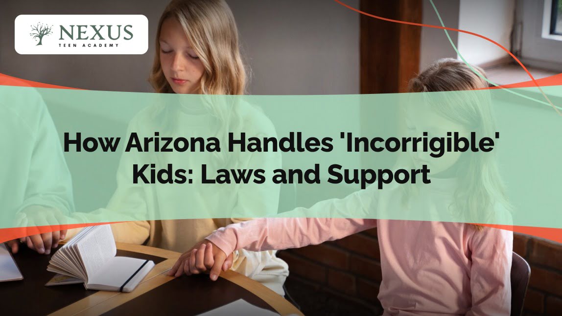 Image of two young girls sitting together, one holding the other's hand for support, with a text overlay: 'How Arizona Handles 'Incorrigible' Kids - Laws and Support'.