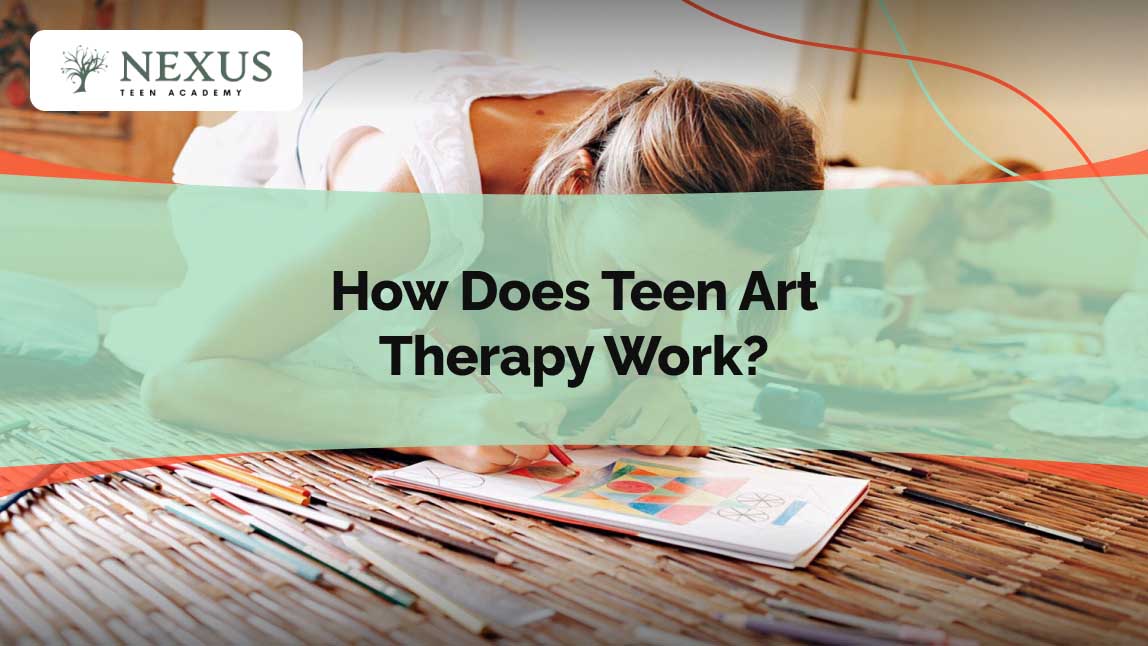 Teen engaged in an art therapy session, using drawing and colors as a form of self-expression and emotional healing in a supportive environment.
