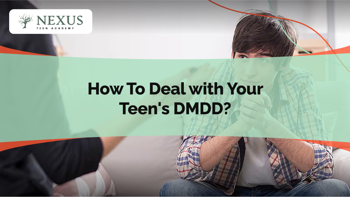A concerned parent and a teenager engaged in a serious conversation, highlighting strategies for managing Disruptive Mood Dysregulation Disorder (DMDD) in teens with patience and support.