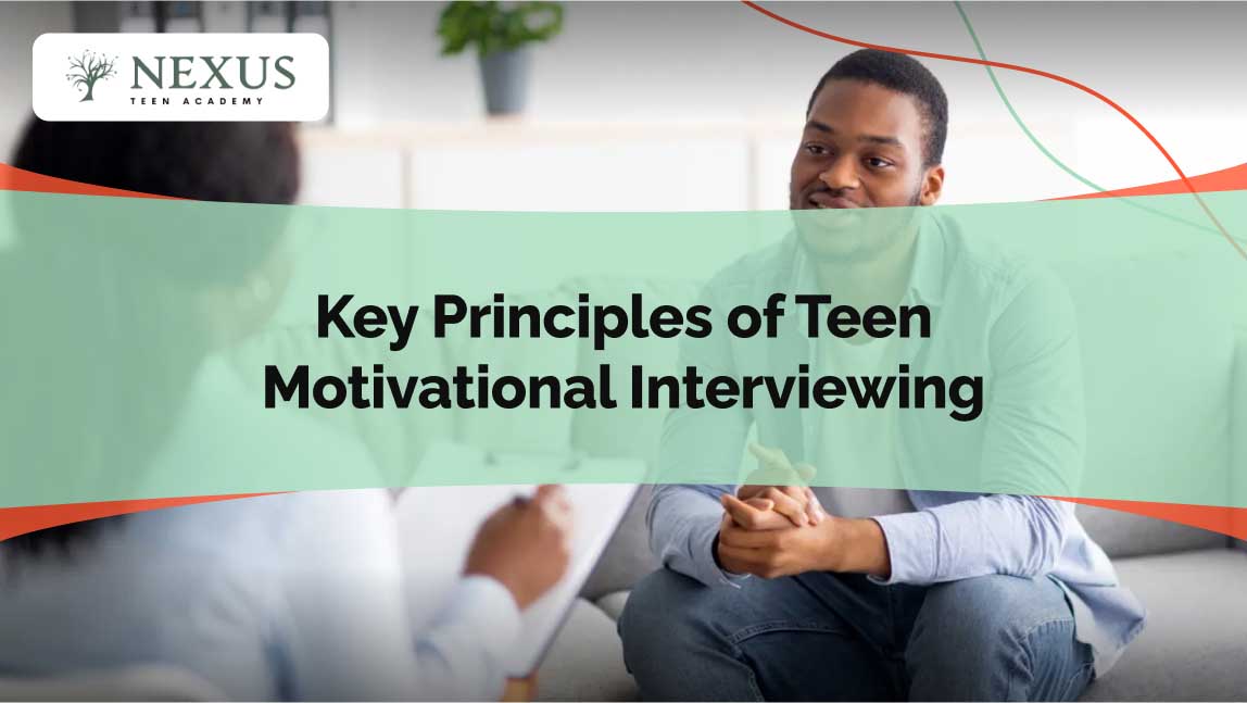 Teen engaged in a motivational interviewing session with a therapist, discussing key principles such as empathy, goal-setting, and self-motivation for personal growth.