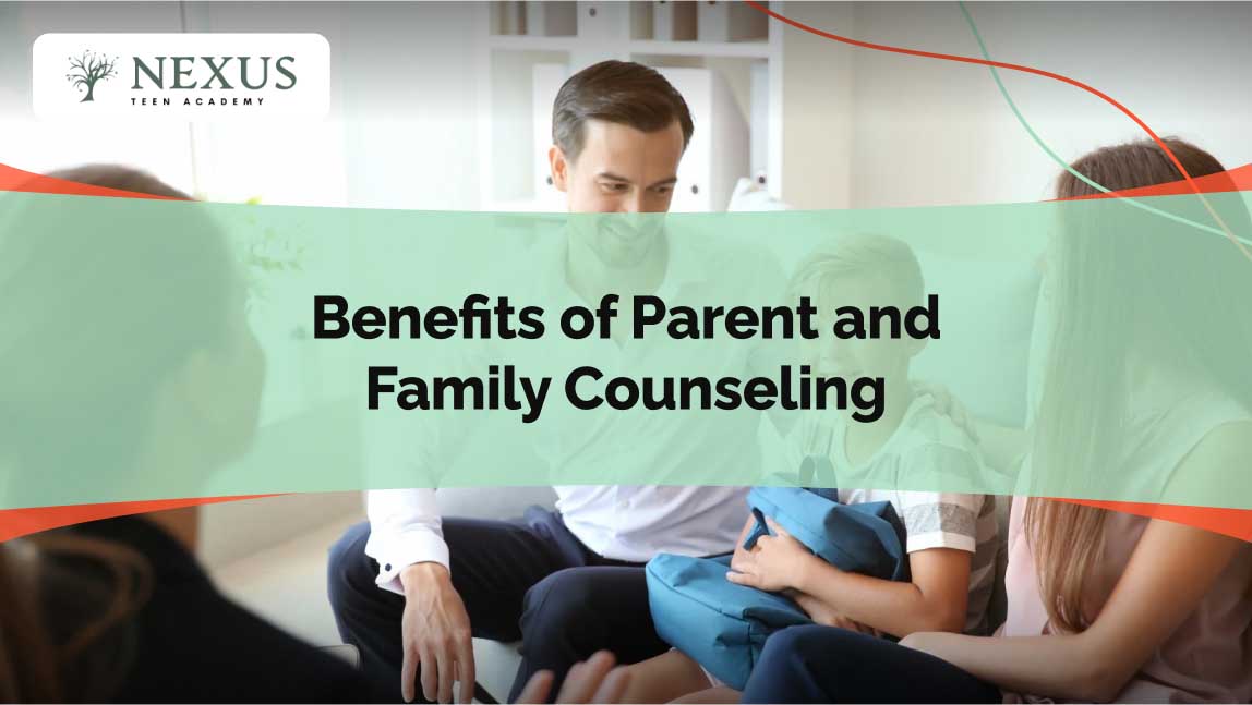 A family sits together in a counseling session, symbolizing the benefits of parent and family counseling in enhancing communication, emotional support, and problem-solving within the household.
