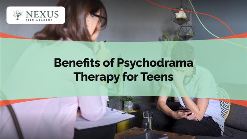 A teen sits with head in hand during a therapy session with a counselor, highlighting psychodrama therapy benefits.