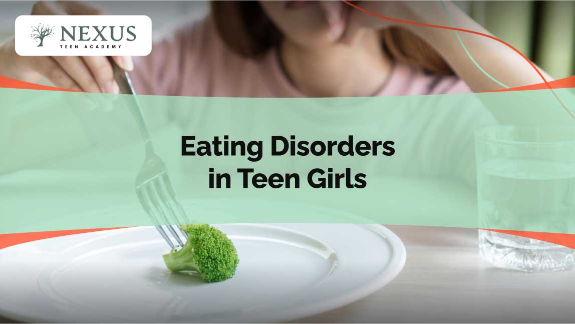 Teen girl with a fork and a single broccoli floret on a nearly empty plate, symbolizing eating disorders in teen girls.
