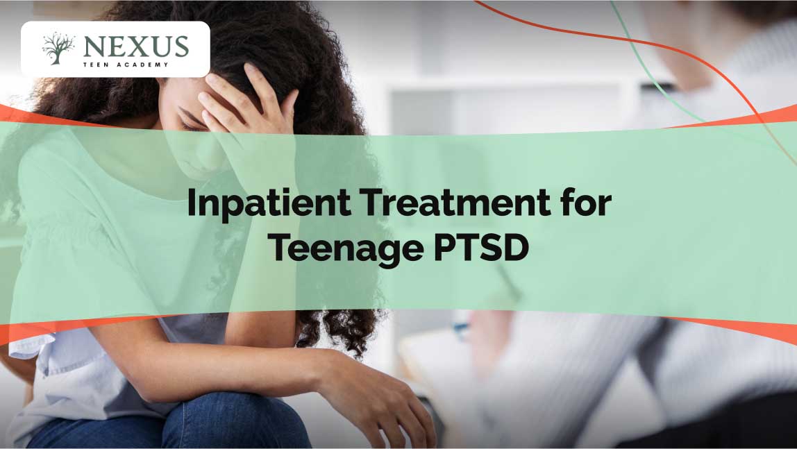 A distressed teenage girl sits with her hand on her forehead during a counseling session, representing the need for inpatient treatment for teenage PTSD at a mental health care facility.