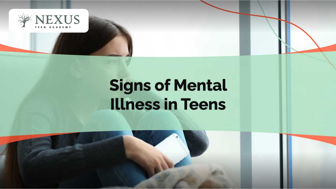 Teen girl sitting alone, looking distressed, highlighting signs of mental illness in teens - Nexus Teen Academy.