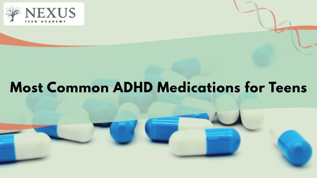 Blue and white capsules representing common ADHD medications for teens, highlighting treatment options and effects.