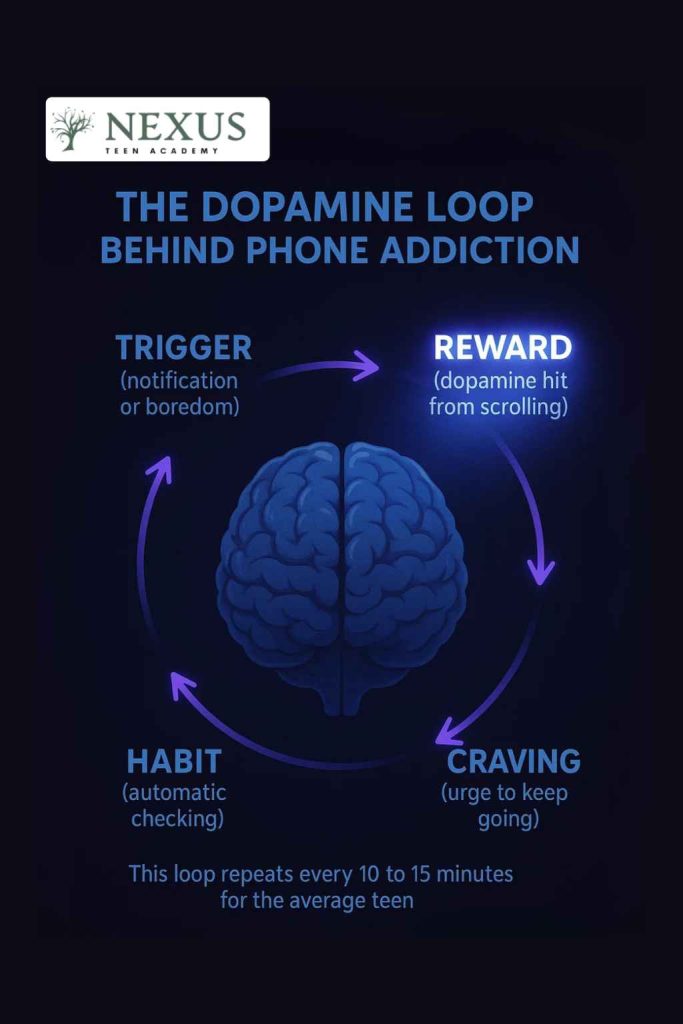 Brain cycle showing trigger, reward, craving, and habit that reinforce compulsive phone use in teens.