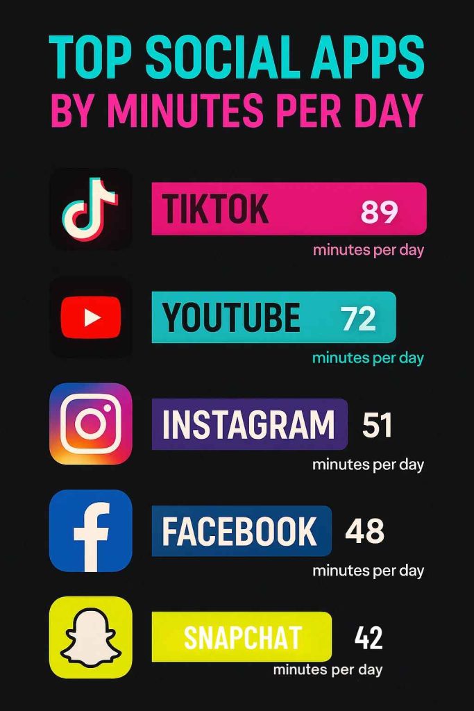 Chart ranking TikTok, YouTube, Instagram, Facebook, and Snapchat by average daily minutes of use.