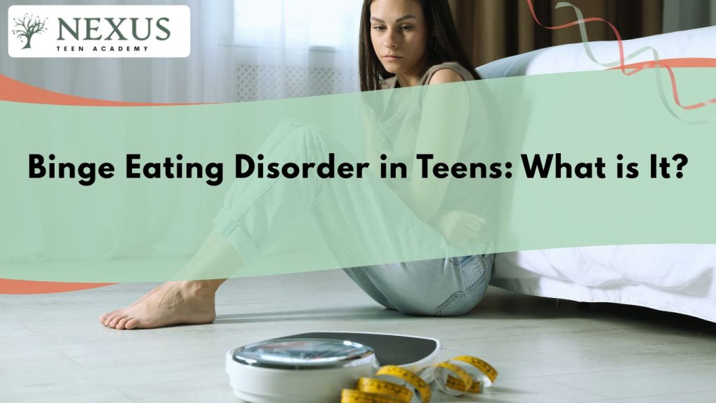 Teen girl looking distressed near scale and tape measure, representing binge eating disorder in teens.