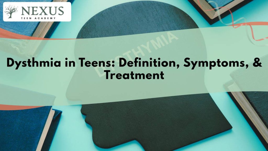 Silhouette of a head with books around it, symbolizing dysthymia in teens and its impact on mood, learning, and mental health.