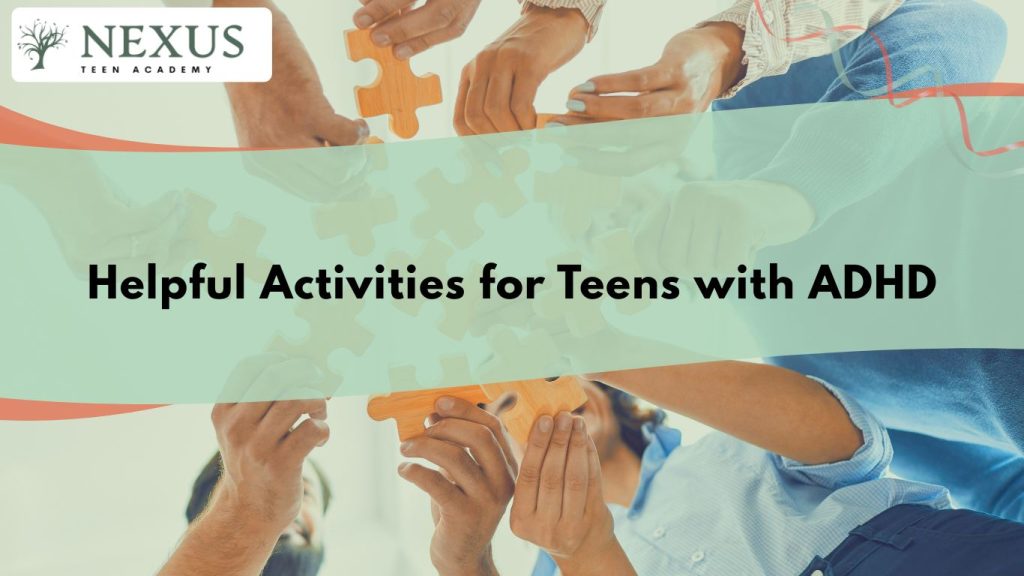 Teens collaborating on puzzle pieces, symbolizing teamwork and helpful activities for teens with ADHD.