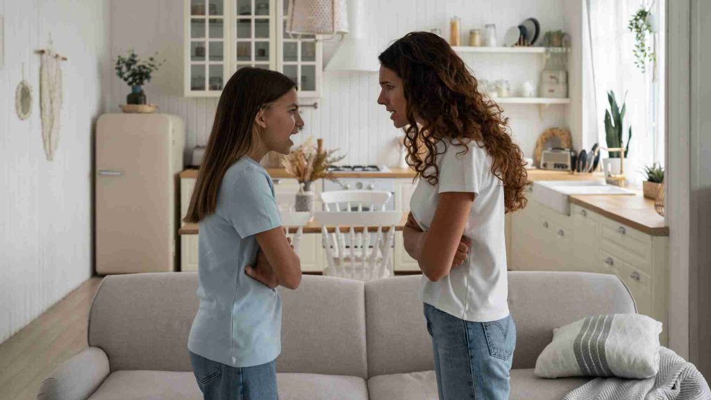 Mother and teenage daughter arguing at home, illustrating conflict as part of understanding unruly teen behavior.