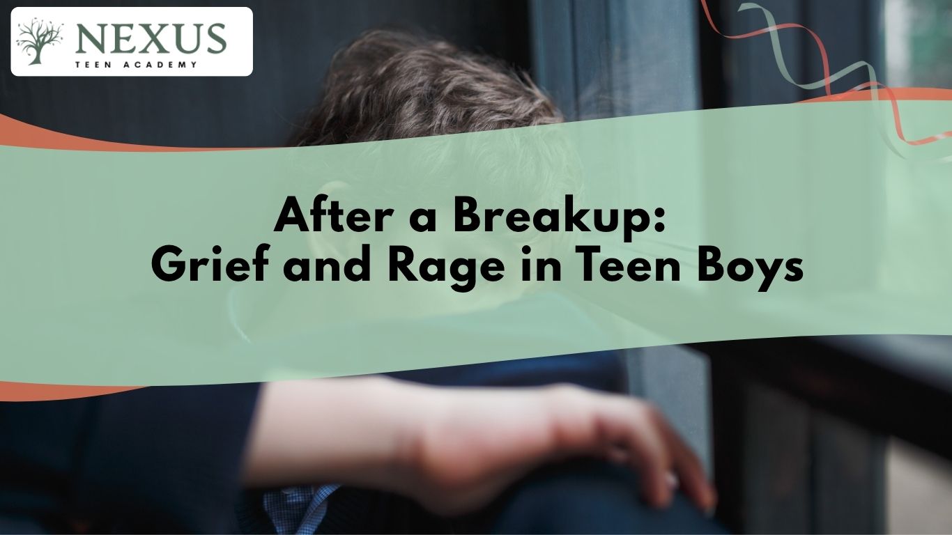 Teen boy sitting with head down by a window, reflecting grief and rage after a breakup as discussed by Nexus Teen Academy.