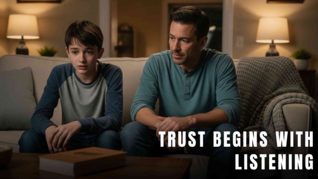 Father listening attentively to his son on the couch, symbolizing how to encourage honesty and rebuild trust.