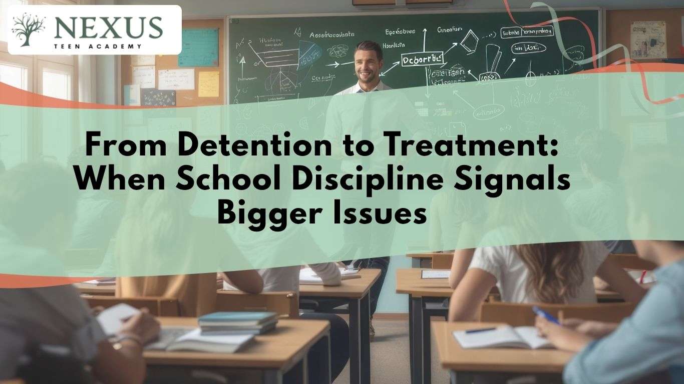 Smiling teacher in a classroom, representing how rising school discipline can point to deeper concerns in a teenager’s life.