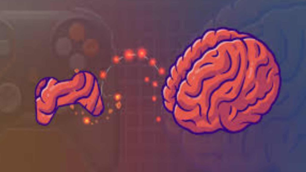 A game controller linked to a brain, symbolizing how excessive gaming influences dopamine cycles and teen brain development.