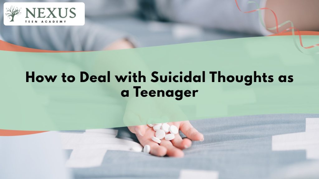 Teen lying on bed with pills nearby, symbolizing the need to deal with suicidal thoughts as a teenager safely.