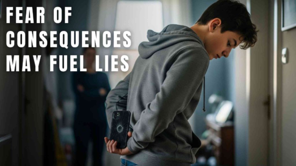 Teen boy hiding a phone behind his back, illustrating why clear rules and fair consequences help reduce lying behavior.